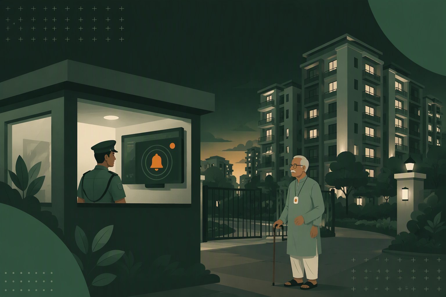 A security guard at a gate desk sees an alert on screen while an elderly resident wearing an SOS pendant stands at the apartment gate