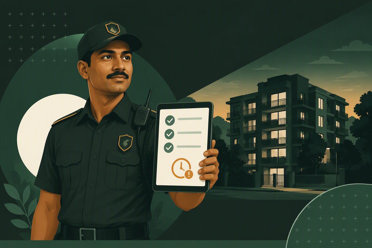 A uniformed security guard holds a tablet showing a completed response checklist and a timestamp, with an apartment building behind him